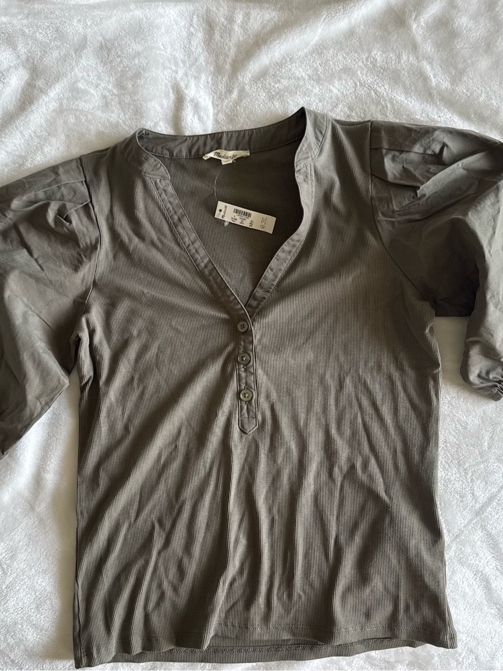 Madewell Olive Puff-Sleeve Henley Top